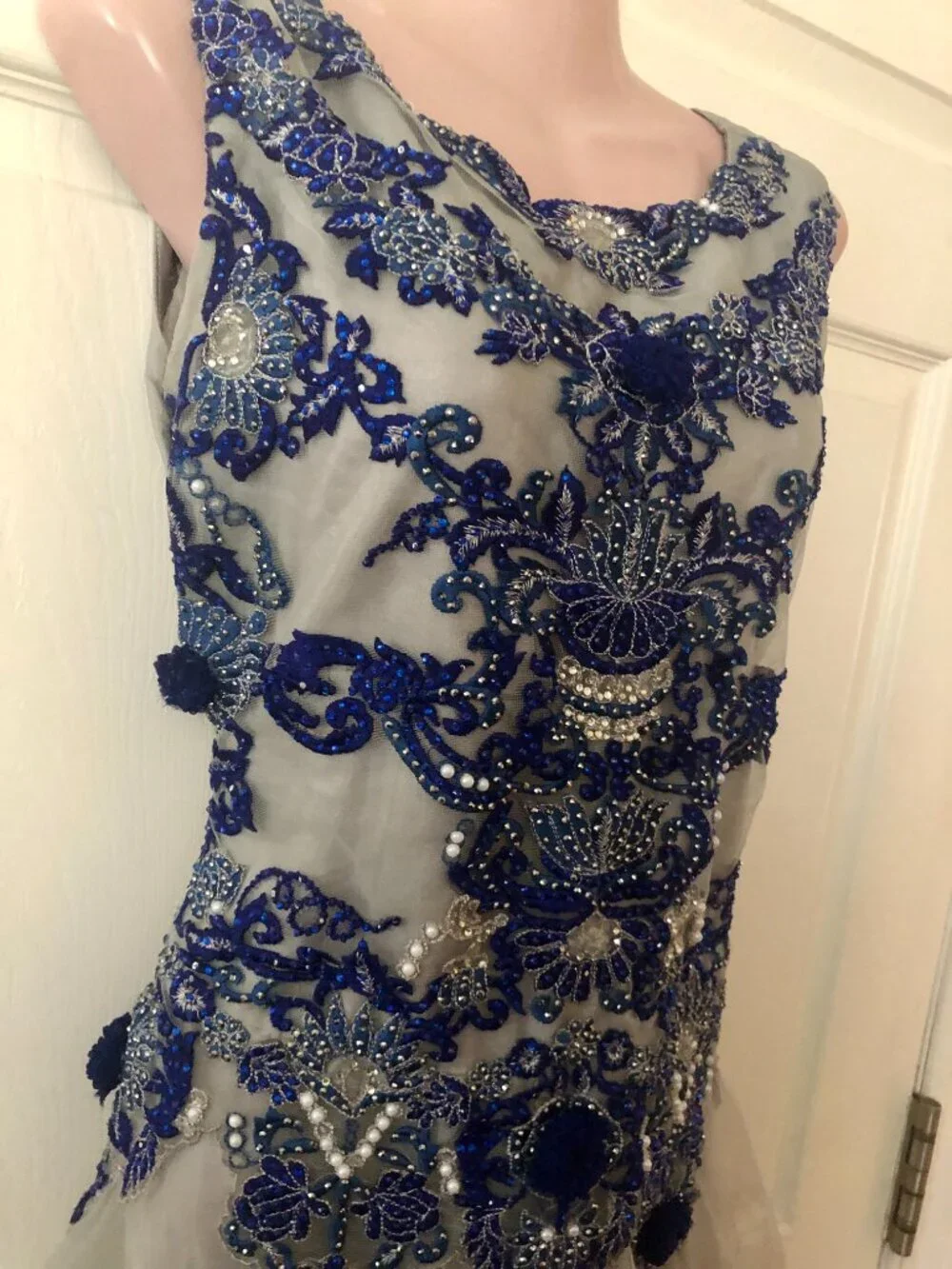 Formal Prom Maxi Dress S/M Embroidered Grey & Blue Indian Style Anarkali Gown - Picture 8 of 15